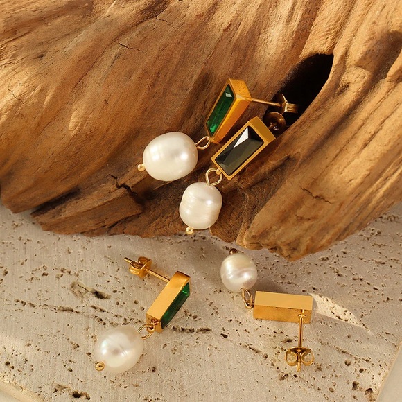 TWO PAIR FOR $55💎18K Gold Plated Freshwater Pearls Drop Earrings*CZ Zircon*ML - Picture 5 of 8